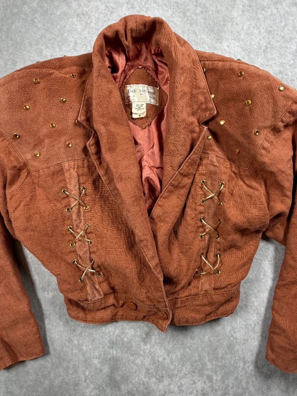 Dali Melame Vintage Womens Linen Leather Bolero Jacket Studded Rust S USA